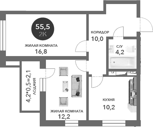 Планировка 53.4 м²