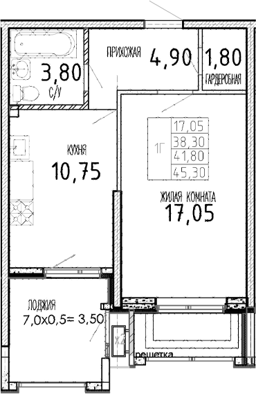 Планировка 38.3 м²
