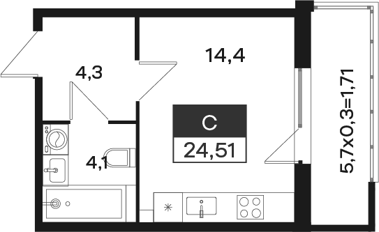 Студия, 22.8 м²