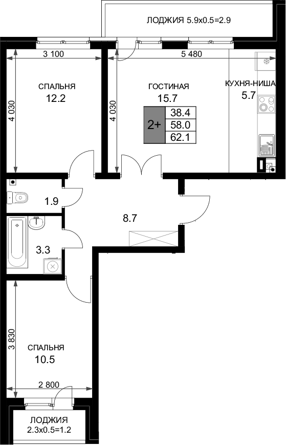 3-комн. · 58 м²