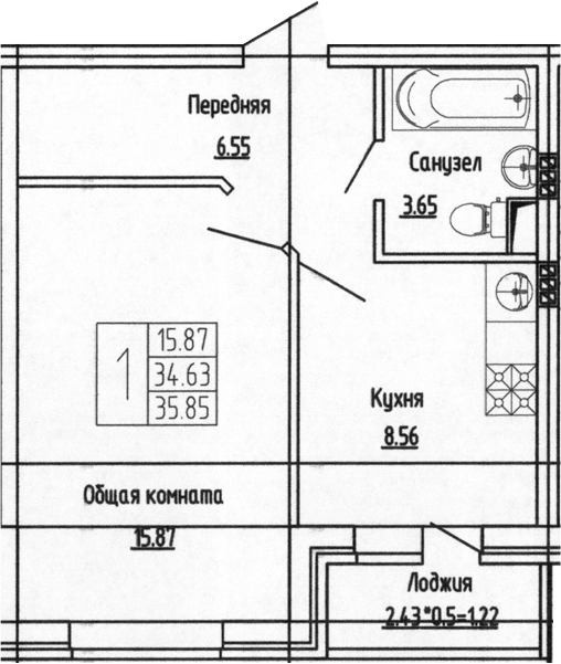 Продается 1-комн. квартира, 34.63 м²