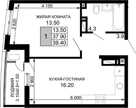 Планировка 37.9 м²
