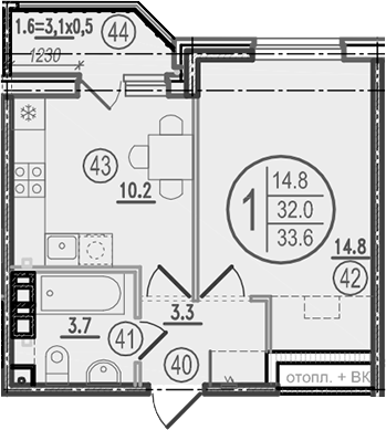 1-комн., 32 м²