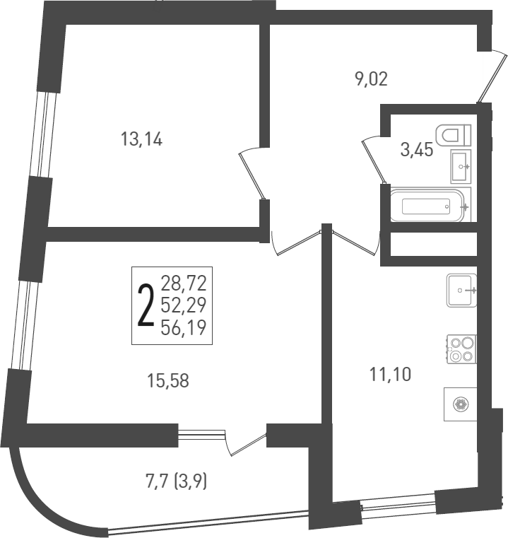 Продается 2-комн. квартира, 53.7 м²