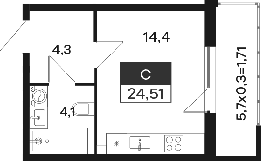 Студия, 22.8 м²