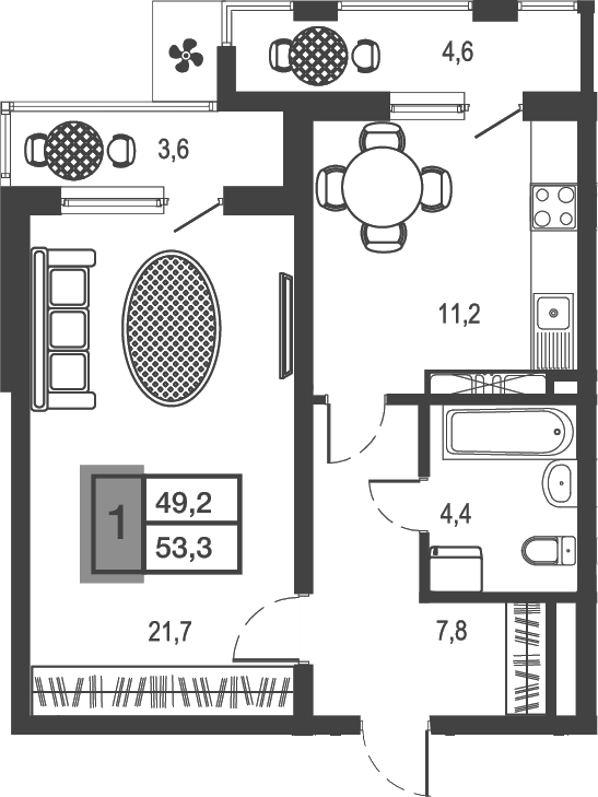 1-комн. · 45.1 м²
