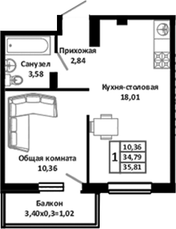 Планировка 34.9 м²