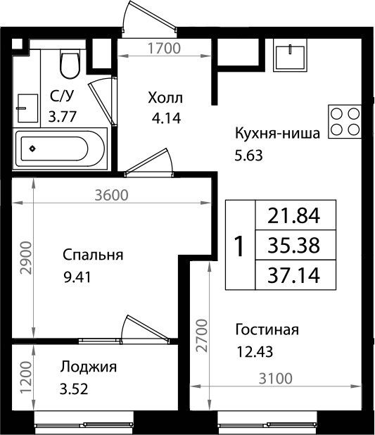 Планировка 35.15 м²