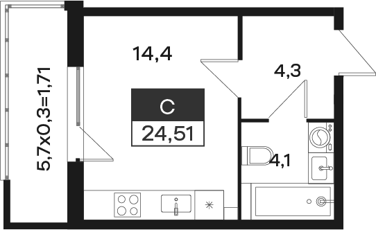 Студия, 22.8 м²