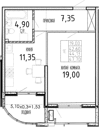 1-комн. · 42.6 м²