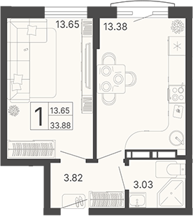 Планировка 33.88 м²