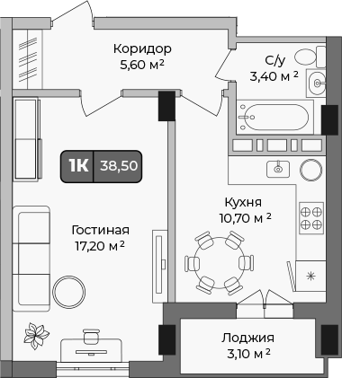 Планировка 36.95 м²