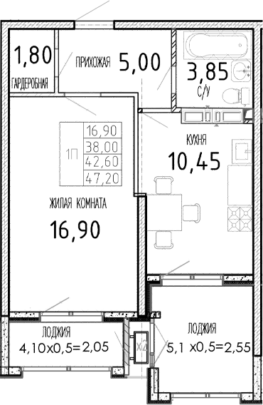 Планировка 38 м²