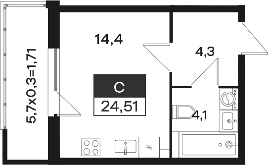 Студия, 22.8 м²