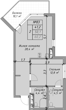 Продается 2-комн. квартира, 50.1 м²