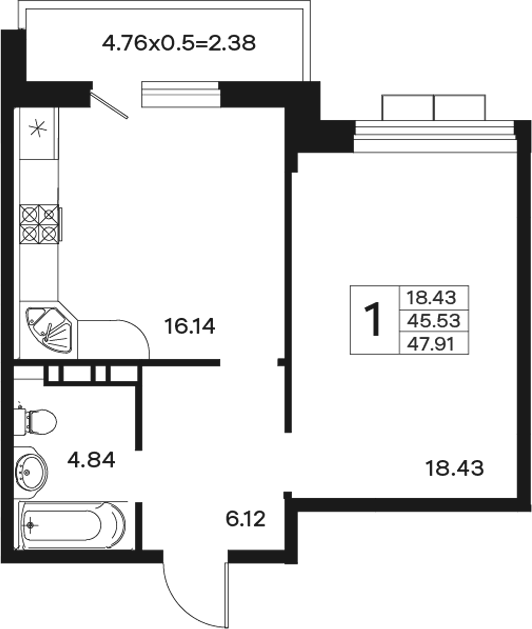 Планировка 45.53 м²