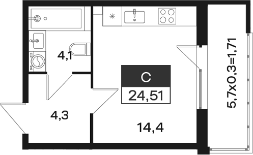 Студия, 22.8 м²