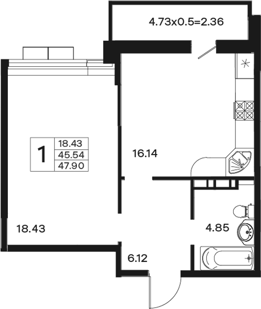 1-комн. · 45.54 м²