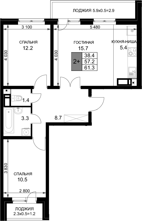 Планировка 57.2 м²