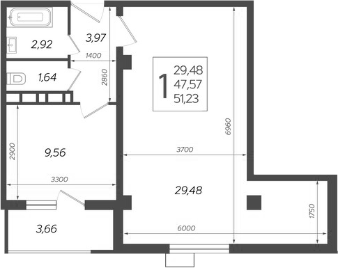 Планировка 47.57 м²