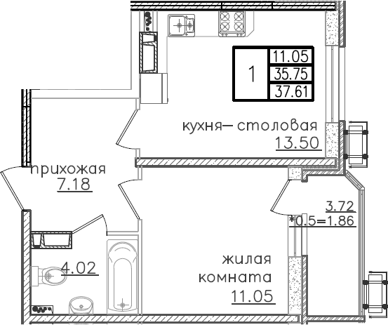 Продается 1-комн. квартира, 37.19 м²