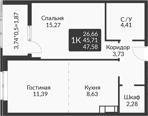 Планировка 45.71 м²