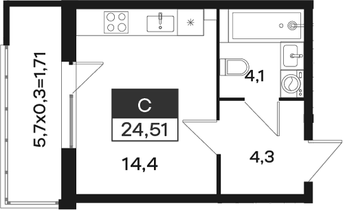 Студия, 22.8 м²