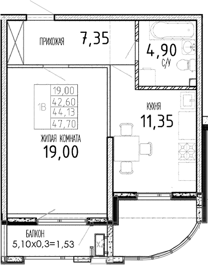 Планировка 42.6 м²
