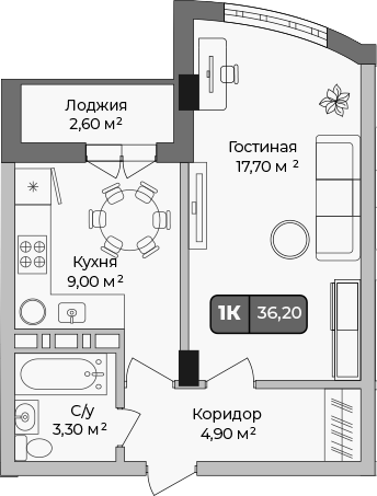 1-комн. · 34.9 м²