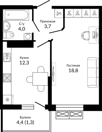 1-комн. · 39.85 м²