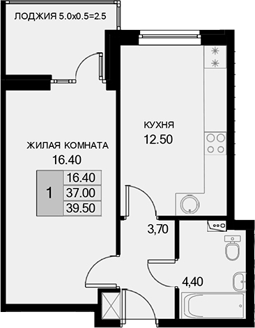 1-комн., 37 м²