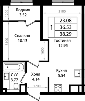 Планировка 36.78 м²