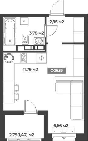 Студия, 25.18 м²
