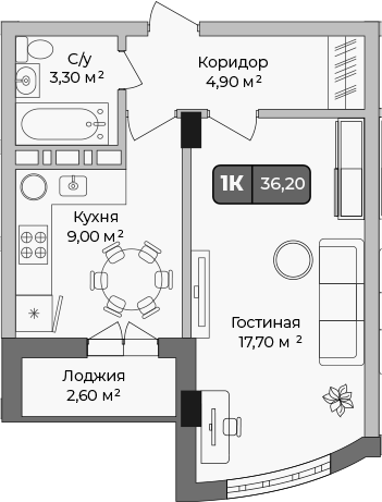 1-комн., 34.9 м²