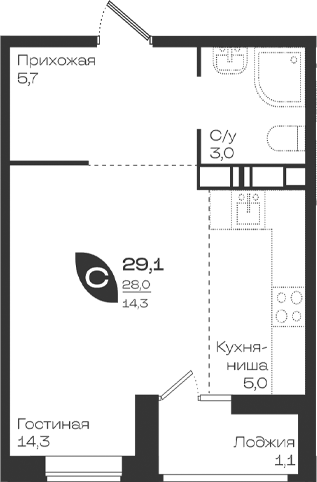 Студия · 28 м²