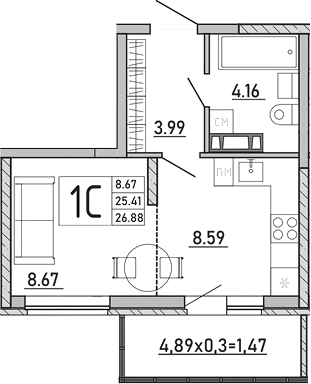 Студия · 25.41 м²