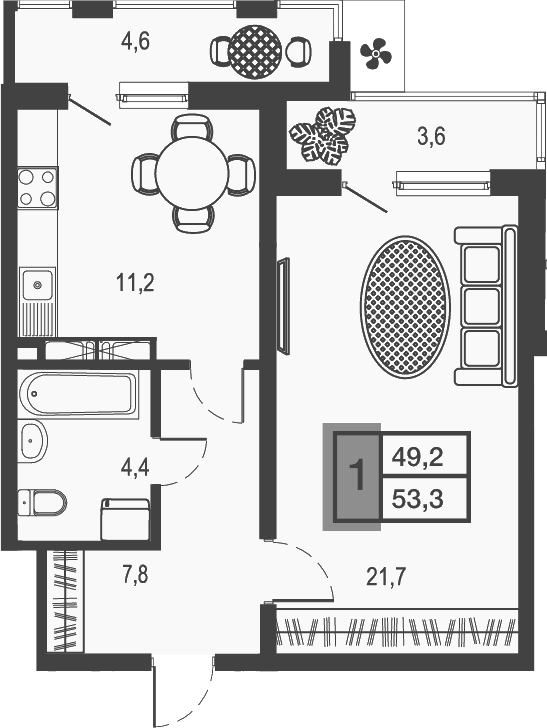 1-комн. · 45.1 м²