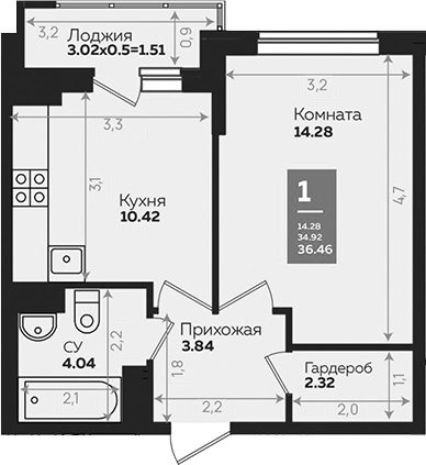 Планировка 35.01 м²