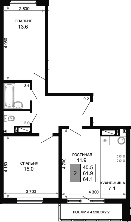 Планировка 61.9 м²