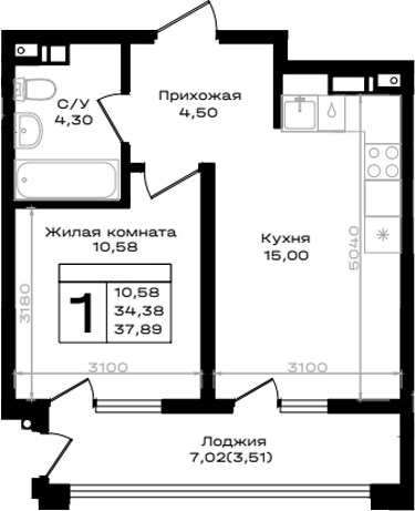 Планировка 34.38 м²