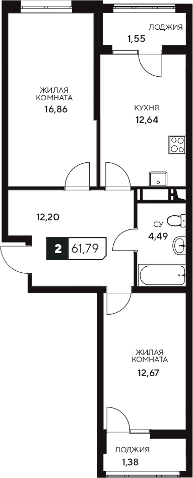 Продается 2-комн. квартира, 58.86 м²