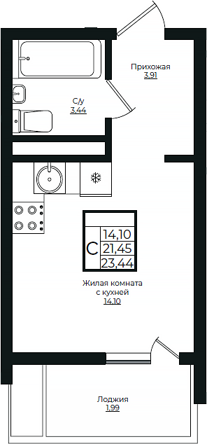 Продается 1-комн. квартира, 21.45 м²