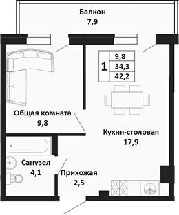 Продается 2-комн. квартира, 34.3 м²