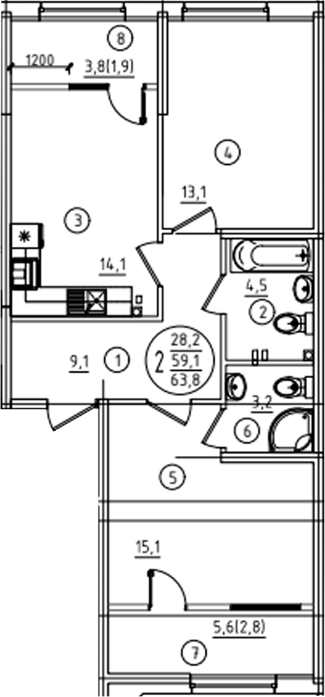 Продается 2-комн. квартира, 59.1 м²