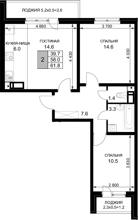 Планировка 58 м²