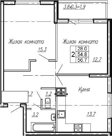 Продается 2-комн. квартира, 54.8 м²