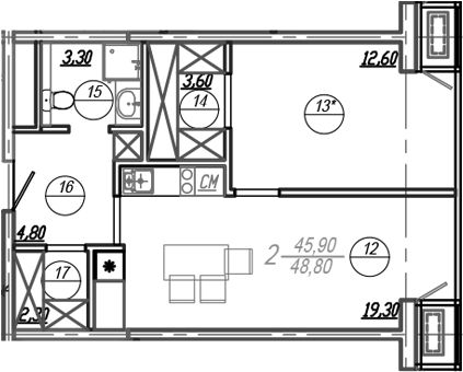 Планировка 47.45 м²