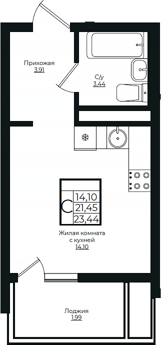 Продается 1-комн. квартира, 21.45 м²