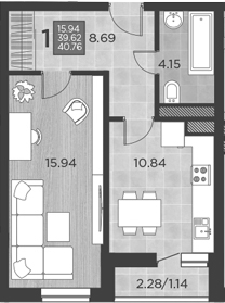1-комн. · 39.62 м²