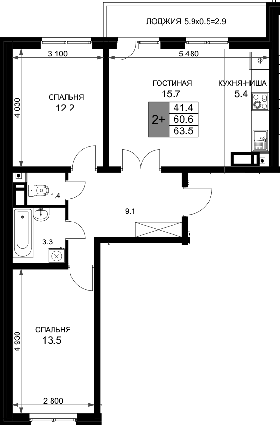 Планировка 60.6 м²